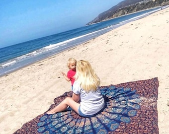 XXL Handprinted Mandala Bohemian 100% Cotton Beach Blanket - Blue Paradise – 220x235cm | Extra Large Throw Beach, Picnic Vibes - Towel
