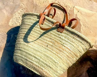 XL Bohemida Handcrafted Panier Shopper – Natural Straw Tote Bag with Double Leather Handles – Beach, Everyday, Market Bag – Boho Style