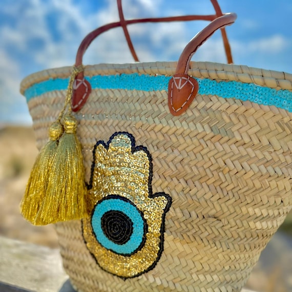 XL Bohemian Straw Bag Sequins Gold White- Woven Straw Beachbag