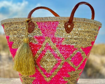XL Bohemian Straw Bag Sequins Pink & Gold - Woven Straw BeachBag Leather Handles - Tassel Basket Bag- Shoulder Beach Bag - Boho Panier