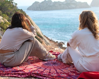 XXL Handprinted Mandala Bohemian 100% Cotton Beach Blanket - Peacock Red Purple – 220x235cm | Extra Large Throw Beach, Picnic Vibes - Towel
