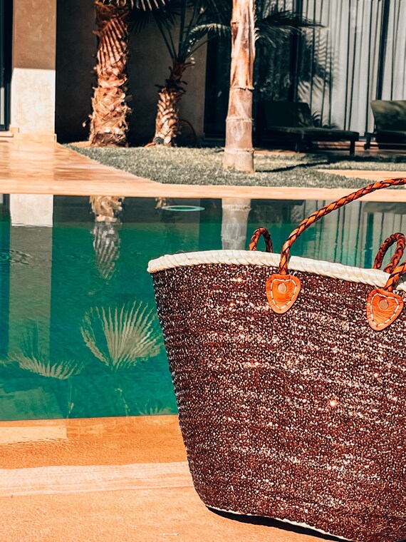 XL Bohemian Straw Bag Sequins Brown Woven Straw Beachbag Leather