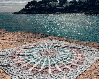 XXL Handprinted Mandala Bohemian 100% Cotton Beach Blanket - Seashell White Taupe– 220x235cm | Extra Large Throw Beach, Picnic Vibes - Towel