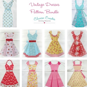 May include: A set of 10 vintage dress sewing patterns. The patterns are for different styles of dresses, including a halter dress, a dress with short sleeves, and a dress with a full skirt. The dresses are all in different colors and patterns, including red, pink, yellow, blue, and green.