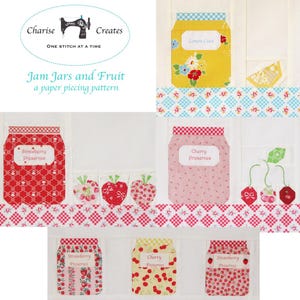 Peut inclure: Un modèle de patchwork pour une courtepointe représentant des pots de confiture et des fruits. Le modèle comprend des pots étiquetés "Strawberry Preserves", "Cherry Preserves" et "Lemon Curd".