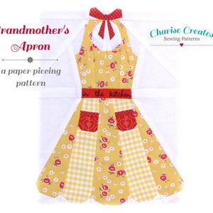 May include: A paper piecing pattern for a yellow and red apron with a floral print and the text "Grandmother's Apron" and "in the kitchen".