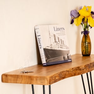 Live Edge consoletafel, eiken- en essenhout, haarspeldpoten, smalle hal of radiatorplank