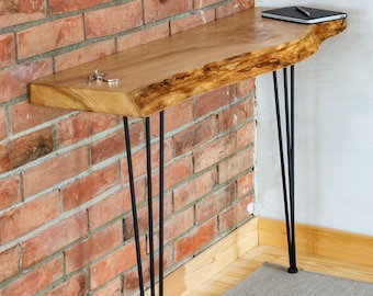 Mesa consola con borde natural y patas de horquilla, mesa delgada para radiador
