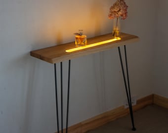 Narrow console with LED light, ash wood top table, metal hairpin legs