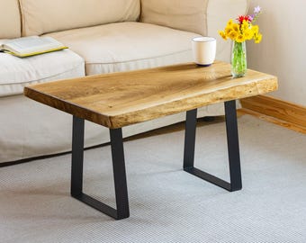 Live Edge Coffee Table in Solid Ash and Oak, Hairpin or U-Shaped Legs