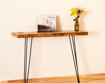 Consola de borde natural / Mesa de entrada hecha a mano / Patas de horquilla / Consola estrecha para radiador / Muebles de roble macizo y fresno