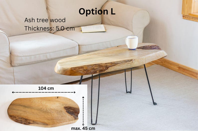 Rustic wood slab table handcrafted from one solid piece of ash timber, treated with natural wax for a stain-resistant surface and long-lasting use.