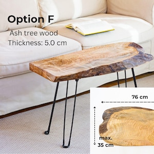 Solid ash wood coffee table with live edge top — unique organic contours, knots, and cracks preserved. Choose your preferred tabletop from real photos, select leg type and height. Handmade and sealed with food-safe oil, making it both functional and decorative for modern rustic spaces.