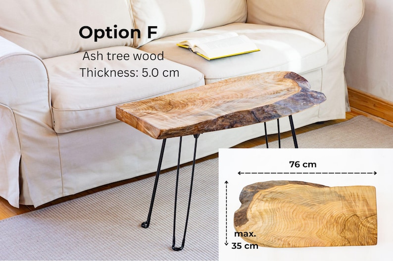 Solid ash wood coffee table with live edge top — unique organic contours, knots, and cracks preserved. Choose your preferred tabletop from real photos, select leg type and height. Handmade and sealed with food-safe oil, making it both functional and decorative for modern rustic spaces.
