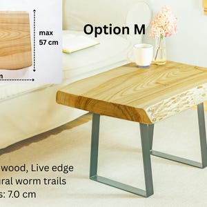 Modern live edge furniture piece with raw wood grain, waxed for durability, set on minimalist metal legs – great for home decor or gifts.