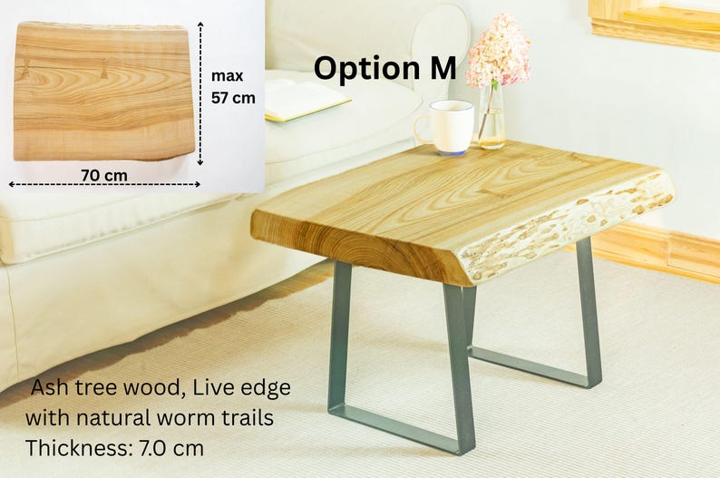 Modern live edge furniture piece with raw wood grain, waxed for durability, set on minimalist metal legs – great for home decor or gifts.