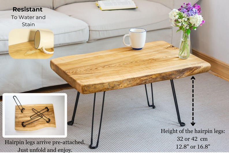 Live edge tabletop option display – each ash slab unique in shape and grain. Choose your favorite piece for your home.