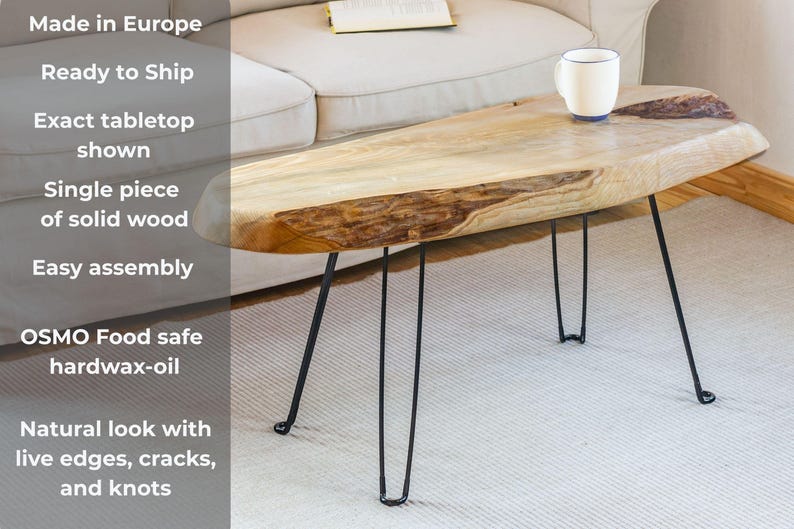 Solid wood couch table with live edge design, featuring waxed finish and industrial-style metal legs, ideal as a low-profile sofa side table.