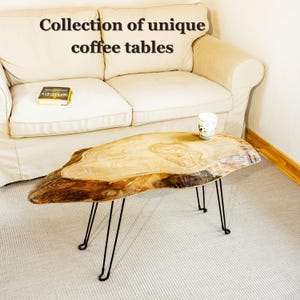 Table basse unique Live Edge, dalle d'une seule pièce en chêne et frêne, options de plateau de forme organique, pieds en forme de U ou en épingle à cheveux