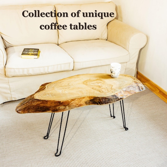 Unique Live Edge Coffee Table, One Piece Oak and Ash Slab, Organic Shape Tabletop Options, U shaped or Hairpin Legs