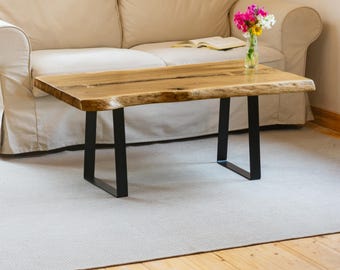 Live Edge Oak Coffee Table, Solid One-Piece Slab, Handmade Furniture