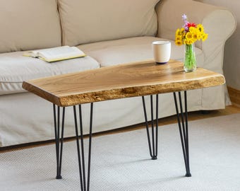 Live Edge Coffee Table, Solid Oak  Top 105 x 66 cm, Rustic Living Room Table