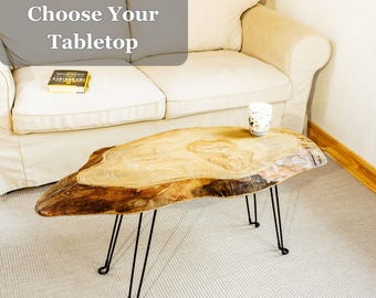 Unique Live Edge Coffee Table, One Piece Oak and Ash Slabs, Tabletop Options, U shaped or Hairpin Legs