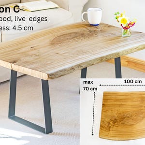 Live edge wood coffee table made from solid oak. The natural wood slab features knots, splits, and grain details, protected with food-safe finish. Hairpin legs provide stability while enhancing rustic yet minimalist home décor.