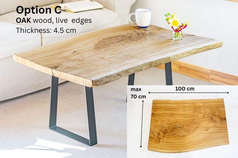 Live edge wood coffee table made from solid oak. The natural wood slab features knots, splits, and grain details, protected with food-safe finish. Hairpin legs provide stability while enhancing rustic yet minimalist home décor.