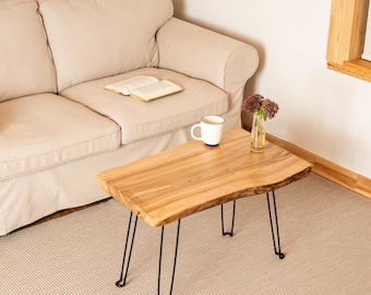 Handmade Live Edge Coffee Table, One-Piece Oak and Ash wood, U Shaped or Hairpin Legs