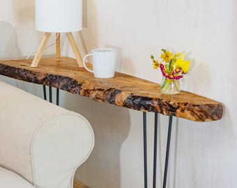 Behind Sofa Narrow Console Table, Live Edge Ash Wood, Small Living Room Solution, Cozy Coffee Corner Table