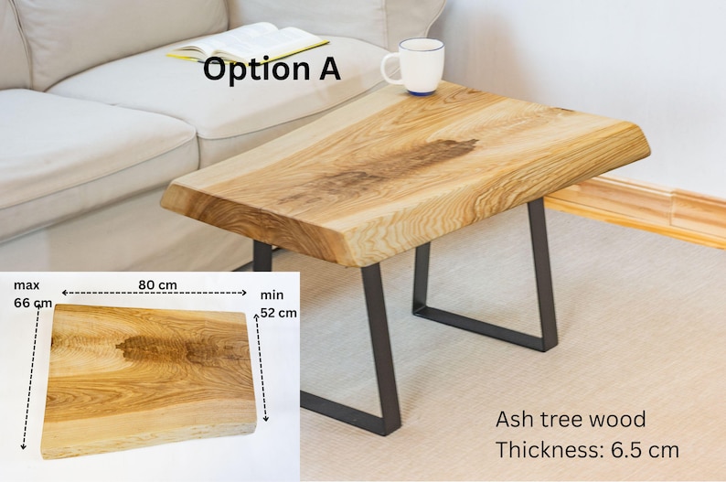 Unique rustic coffee table crafted from solid ash wood with preserved live edge and 5 cm thick top. Natural character with knots, cracks, and wood grain variations, finished in Osmo TopOil. Perfect for cozy interiors.