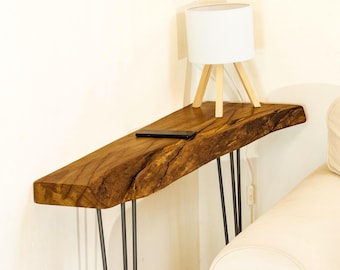 Narrow Live Edge Sofa Table, Oak Console Behind Couch with Hairpin Legs