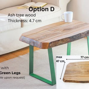Rustic ash wood coffee table with live edge design, handmade from a single slab, not glued. Organic curves and 4 cm thickness highlight natural wood charm. Perfect as centerpiece, reading table, or nightstand alternative. Durable Osmo TopOil finish ensures long-lasting daily use.