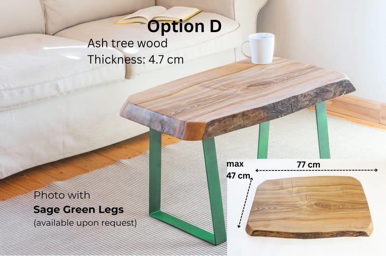 Rustic ash wood coffee table with live edge design, handmade from a single slab, not glued. Organic curves and 4 cm thickness highlight natural wood charm. Perfect as centerpiece, reading table, or nightstand alternative. Durable Osmo TopOil finish ensures long-lasting daily use.
