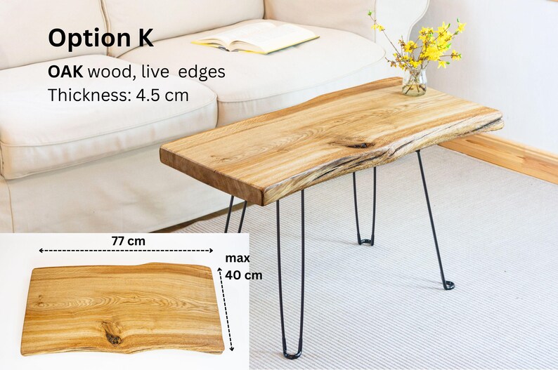 Rustic live edge table handcrafted from solid ash wood with natural knots and cracks. Finished with transparent Osmo TopOil for food safety, stain resistance, and durability. Stylish black hairpin or U-shaped legs add minimalist elegance. Perfect coffee or accent table for home décor.