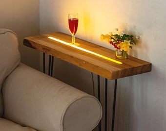 Live Edge Console Behind Couch, Narrow Glowing Wood Sofa Table, Relaxing Ambient Lighting Furniture, Minimalist Cozy Decor Gift