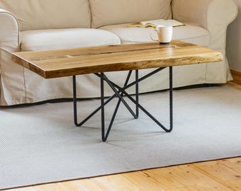 Live Edge Coffee Table, Solid Oak Top, Unique Industrial Style Rebar Legs
