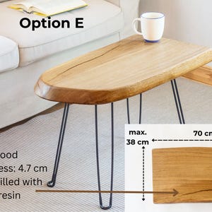 One-of-a-kind live edge sofa table created from a thick oak wood slab with a durable finish, blending rustic charm and modern design.