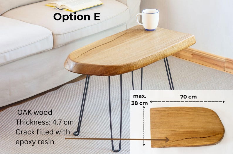 One-of-a-kind live edge sofa table created from a thick oak wood slab with a durable finish, blending rustic charm and modern design.