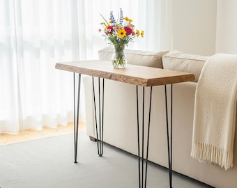 Narrow console table, rustic ash wood with live edge, perfect behind the couch