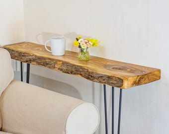 Narrow Live Edge Console Table Behind Sofa, Solid Oak and Ash Wood with Hairpin Legs