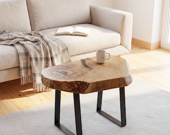 Live Edge Coffee Table, Tabletop Options, One-Piece Oak or Ash Wood Slab, Hairpin or U-Shaped Legs