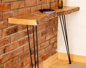 Konsolentisch mit Baumkante, Schmaler Flur- oder Heizkörper-Tisch, Handgefertigt aus Massivholz Esche, Haarpin-Tischbeine