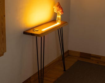 Live Edge Console Table with LED Light, Handmade Illuminated Hallway Table, Solid Wood with Hairpin Legs