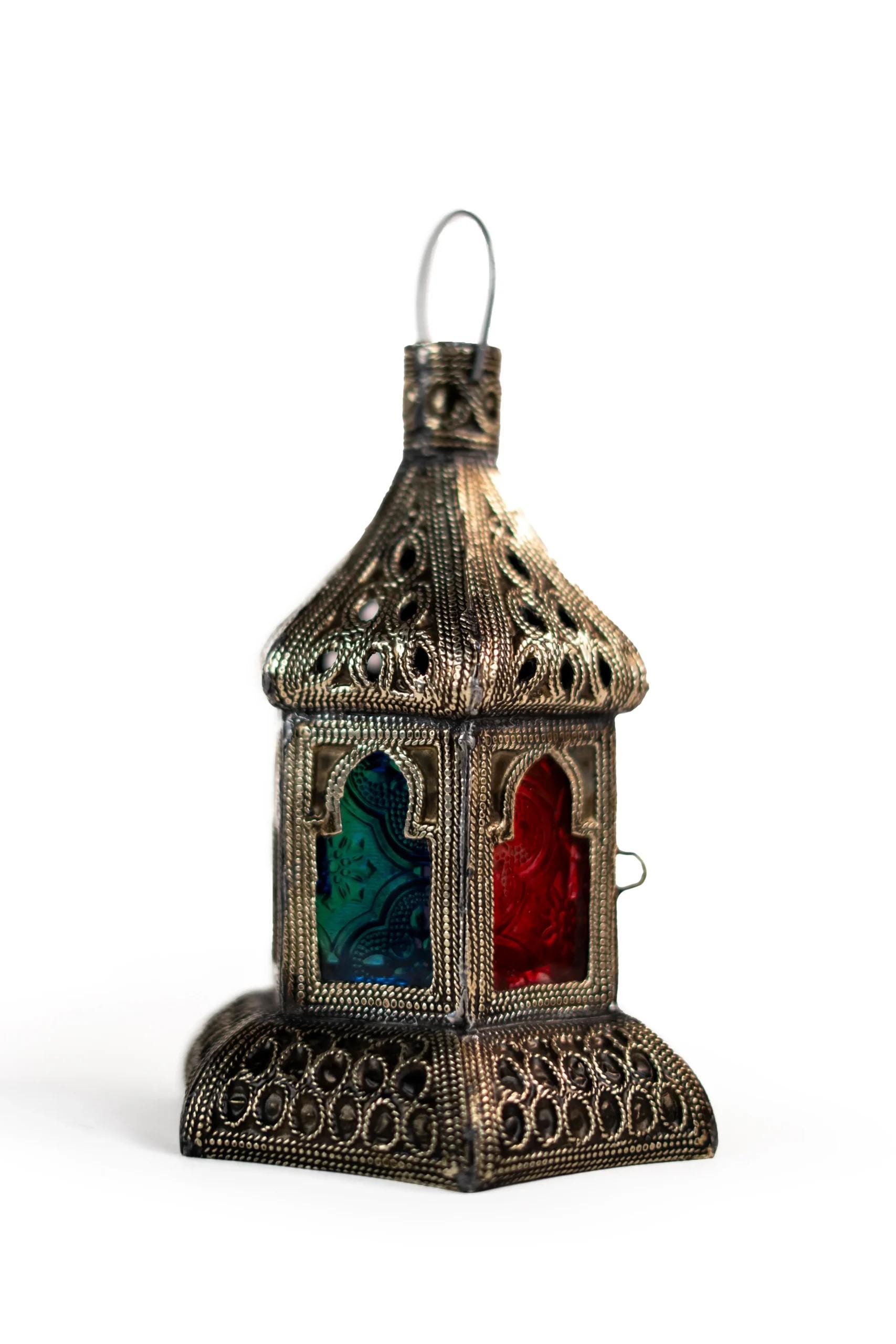 Handcrafted Moroccan Table Lamp – Antique Brass with Coloured Glass Panels
