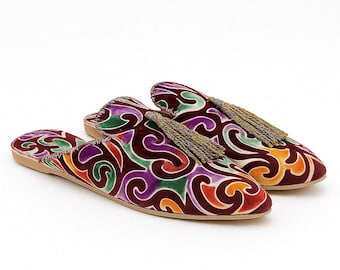 Handmade Moroccan Velvet Babouche Slippers, Multicolour Tassel Leather Mules