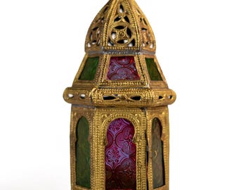 Moroccan Table Lamp with Coloured Glass – Antique Brass Finish