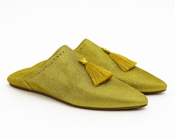 Handmade Moroccan Gold Leather Babouche Slippers, Tassel Mule Shoes