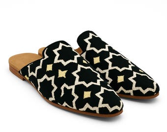 Handmade Moroccan Geometric Mule Slippers, Artisan Leather Babouches